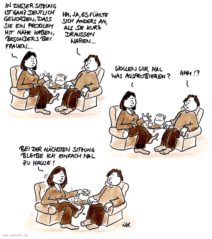 Cartoon: Was ausprobieren: Therapie, Psychotherapie, Psychologie, Beziehung, Gefühl, Therapeut, Nähe, Problem, Distanz, Zuneigung, Frau, Mann, Kontakt, Klient, Patient, Angst