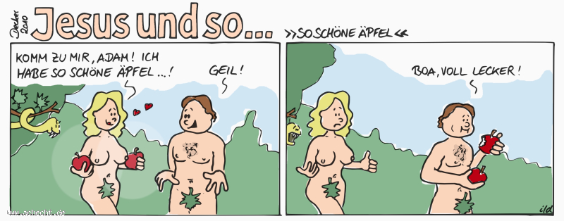 Cartoon: So schöne Äpfel: Adam, Eva, Apfel, Äpfel, Verfühung, Paradies, lecker, essen, Religion, Schöpfung, Garten Eden, Schlange, Sündenfall, Sünde