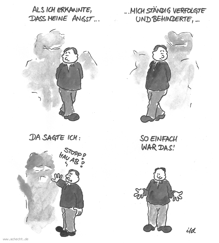 Cartoon: Angst hau ab: Angst, Angststörung, Psychologie, Therapie, Psychotherapie, Panik, Angstzustände, Behandlung, Gesundheit, Medizin, Überwindung