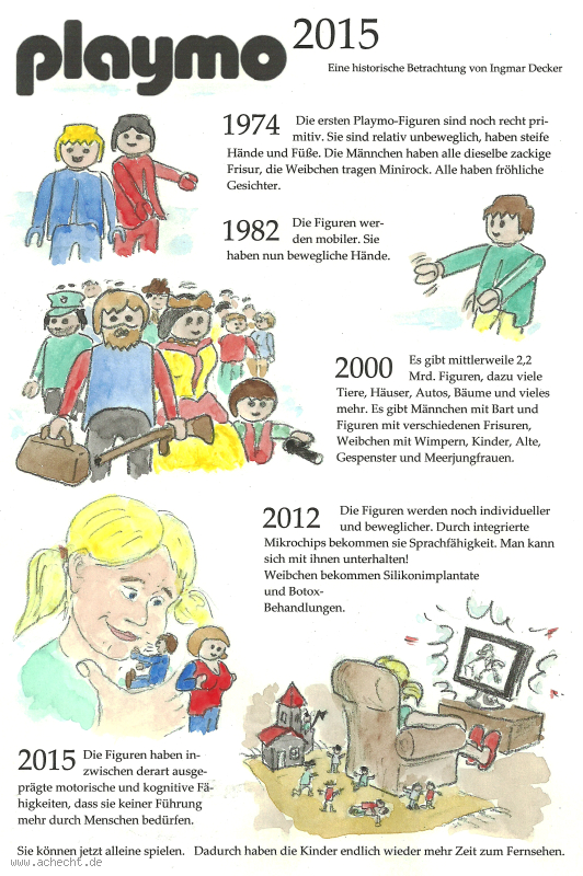 Cartoon: Playmo 2015: Playmobil, Zukunft, KI, AI, Künstliche Intelligenz, Spiel, Spielzeug, spielen, selbst, Automonie, Kind, fernsehen, TV, Langeweile, Roboter, Computer, Dystopie, Intelligenz