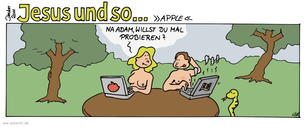 Cartoon: Apple: Computer, Rechner, System, Betriebssystem, Apple, Apfel, Verführung, Adam, Eva, Paradies, Religion, Mann, Frau, Beziehung