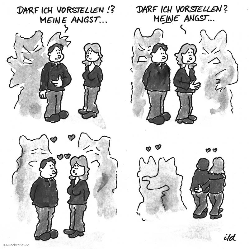 Cartoon: Angst - Vorstellen: Angst,  Angststörung, Angstzustände, Liebe, verlieben, Ehrlichkeit, Vertrauen, gesehen werden, zeigen, vorstellen, Gesundheit, Psychologie, Psychotherapie, Therapie