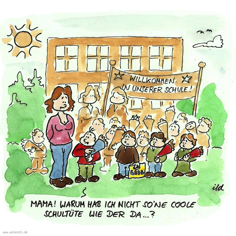 Cartoon: Coole Schultüte: Schultüte, Schule, Kind, Schulanfang, Schuljahr, Einschulung, cool, Tüte, Neid Cartoon: Coole Schultüte: Schultüte, Schule, Kind, Schulanfang, Schuljahr, Einschulung, cool, Tüte, Neid