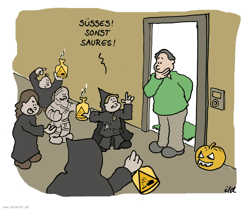 Cartoon: Halloween: Fest, feinern, Halloween, süß, sauer, Säure, Chemie, Bedrohung, Erpressung, Kind, naiv, Verbrechen, Mumie, Geist, Gespenst, Gift