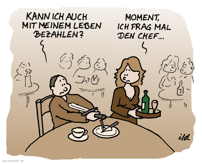 Cartoon: Mit dem Leben bezahlen: Bar, Restaurant, Café, Gastronomie, Kneipe, bezahlen, Rechnung, Leben, Selbstmord, Bezahlung, Karte, EC-Karte, Kreditkarte, Visa, MasterCard, Tod