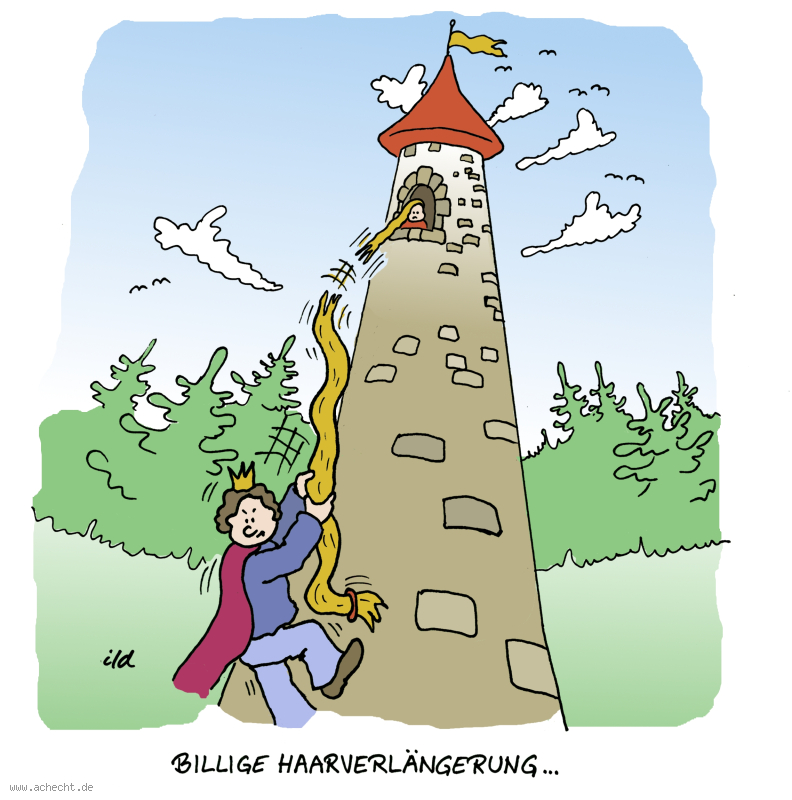 Cartoon: Rapunzel Haarverlängerung: Rapunzel, Haar, Verlängerung, Frisur, Frisör, Turm, Märchen, Absturz, Missgeschick, Qualität, Kontrolle, Wirtschaft, QS, Sicherung, Sicherheit, schlecht, Prinz
