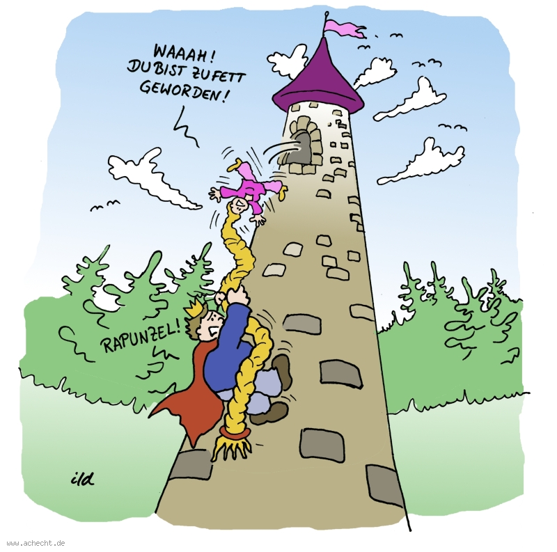 Cartoon: Rapunzel - zu fett geworden: Rapunzel, Turm, Prinz, Haar, fett, dick, Fettleibigkeit, Essen, Ernährung