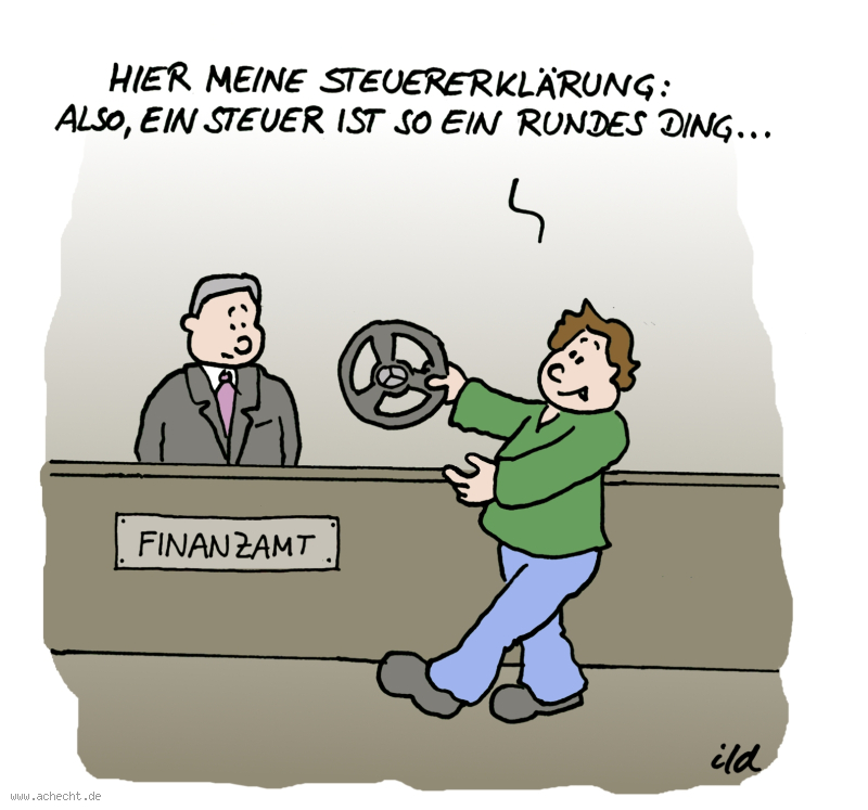 Cartoon: Steuererklärung: Finanzen, Bürokratie, Steuer, zahlen, Erklärung, Wissen, Auto, rund, Ding, Finanzamt, Amt