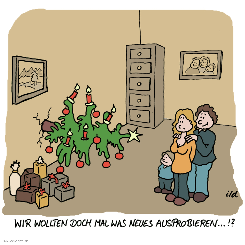 Cartoon: Neues ausprobieren: neu, ausprobieren, Experiment, Weihnachten, Weihnachtsbaum, Heiligabend, Winter, Geschenk, Familie, Innovation, Veränderung, Spaß, Kreativität