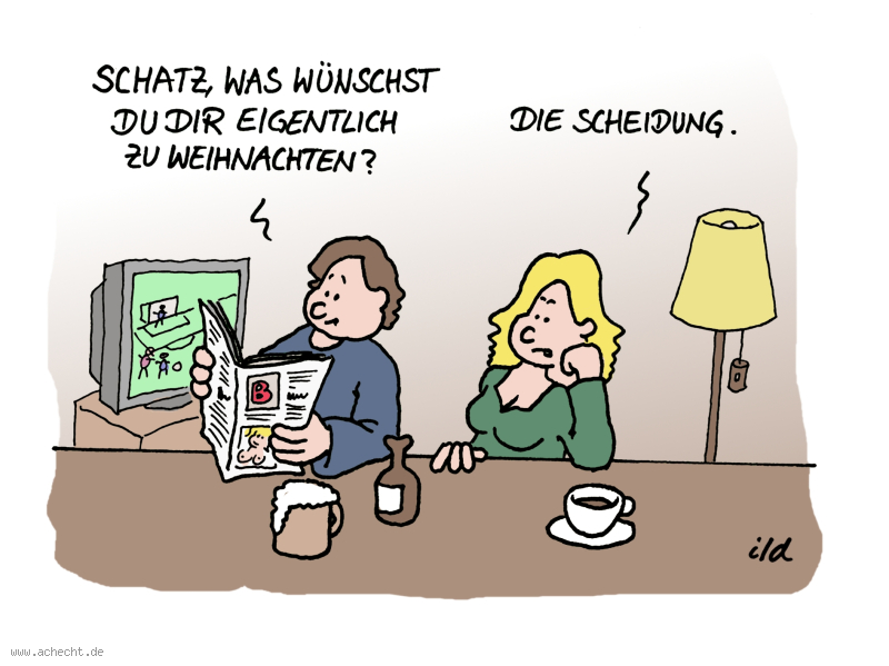 Cartoon: Was wünschst du dir: wünschen, Wunsch, Suche, Weihnachten, Scheidung, Ehe, Paar, Beziehung, Trennung, Dialog, Gespräch, Streit, Frust