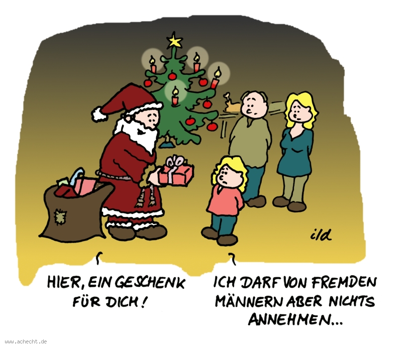 Cartoon: Geschenke von Fremden - Weihnachten, Geschenk, Weihnachtsmann, Familie, Kind, Bescherung, Fremder, Mann, Mädchen