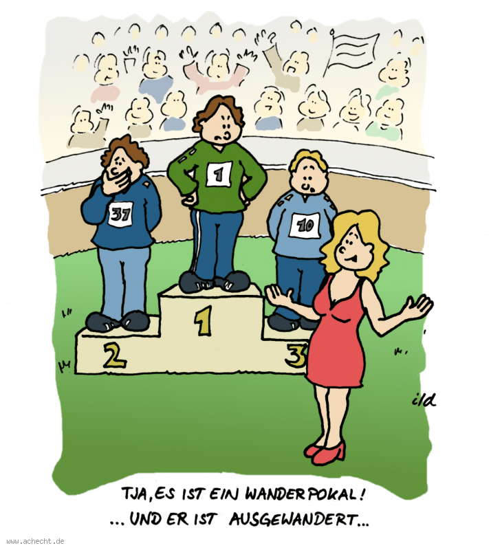 Cartoon: Wanderpokal: Pokal, Sport, Wanderpokal, Sieger, Ehrung, Preis, Trophäe, Enttäuschung, Wut, Missverständnis, Wettbewerb