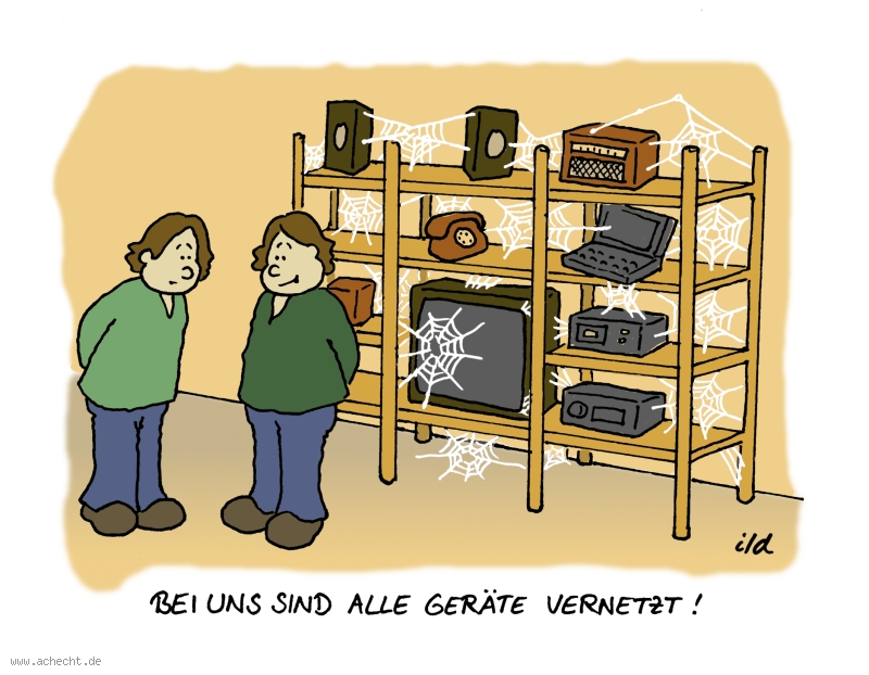 Cartoon: Alle Geräte vernetzt: Drucker, Computer, Hifi, Stereo, Vernetzung, Netz, Netzwerk, Spinne, Spinnennetz, Internet