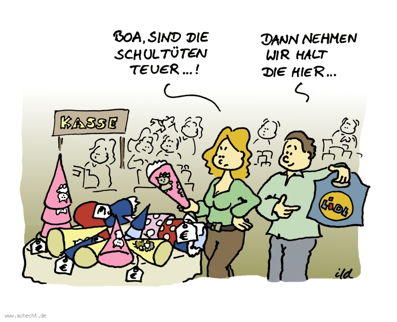 Cartoon: Schultüte teuer: Schultüte, Schule, Kind, Einkauf, teuer, Geld, Preis, Schulanfang, Schuljahr, Einschulung