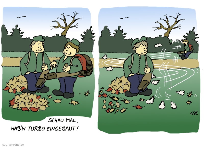 Cartoon: Turbo eingebaut: Herbst, Laub, Laubpuster, Park, Blätter, Turbo, fliegen