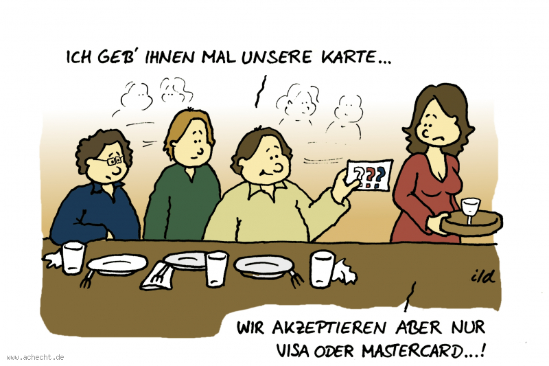 Cartoon: Wir akzeptieren nur Visa: Drei Fragezeichen, Visitenkarte, Karte, Visa, Mastercard, Kreditkarte, bezahlen, Bezahlung, Detektiv, Krimi, Serie