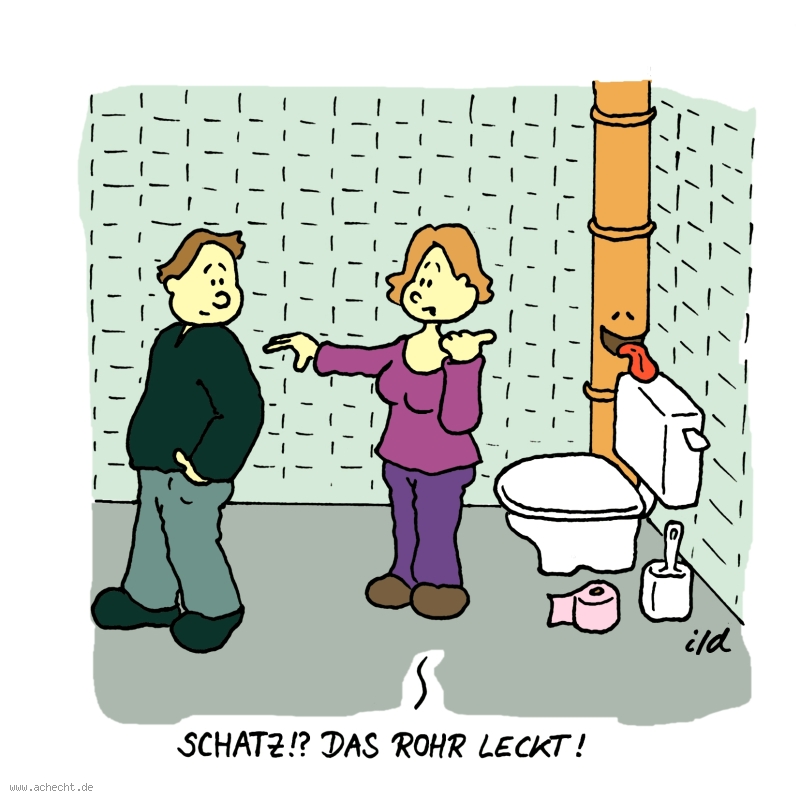 Cartoon: Das Rohr leckt: Rohr, Bad, Handwerker, Installation, Installateur, Wasser, Reparatur