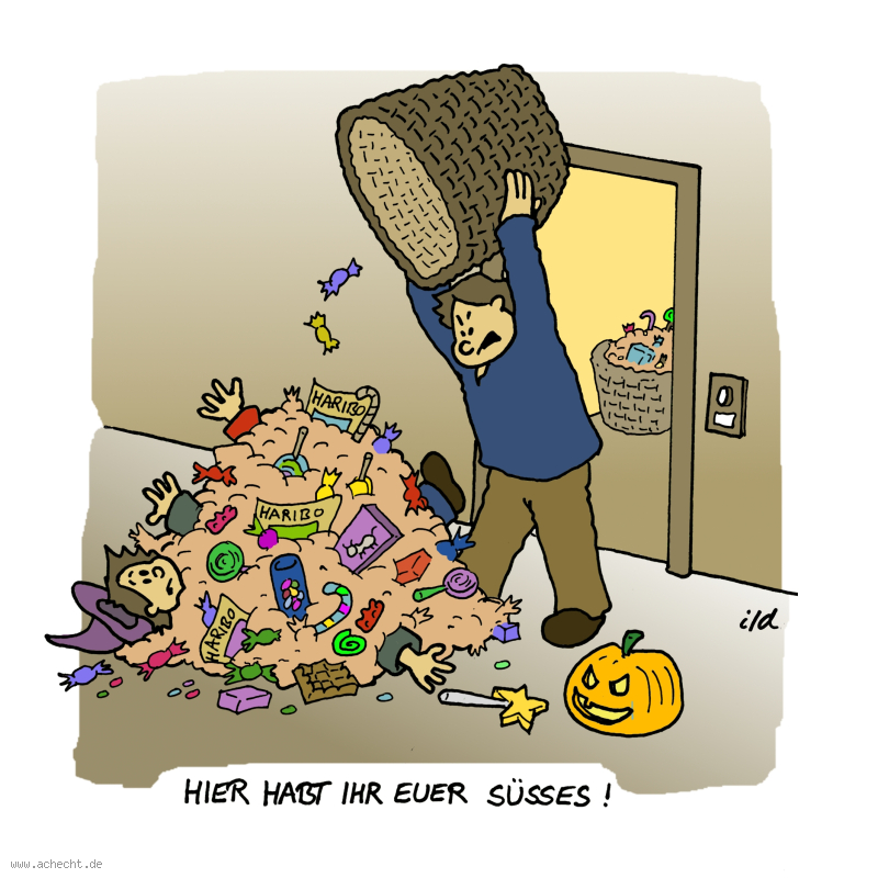 Cartoon: Euer Süsses: süß, Halloween, sauer, Ärger, Wut, Fest, Feier, naschen, Zucker, Haufen, überhäufen, Überfall, schütten, übertreiben, Kürbis