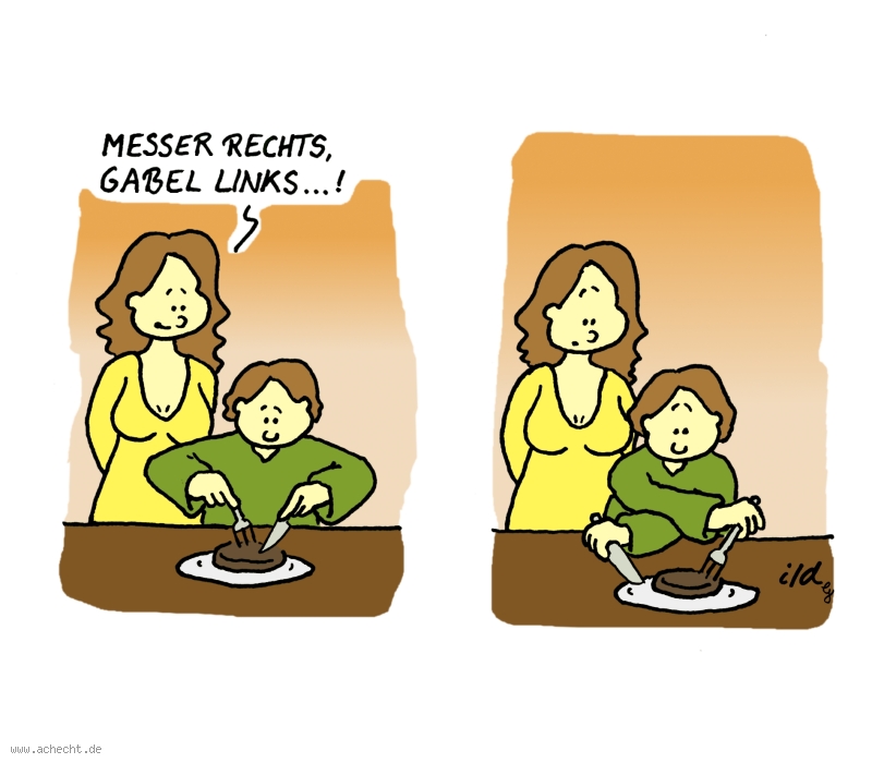 Cartoon: Messer rechts: Messer, Gabel, Essen, Kind, Familie, rechts, links, Besteck