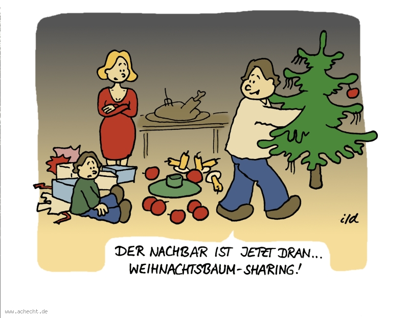 Cartoon: Weihnachtsbaumsharing: Weihnachten, Weihnachtsbaum, Sharing, teilen, Eltern, Familie