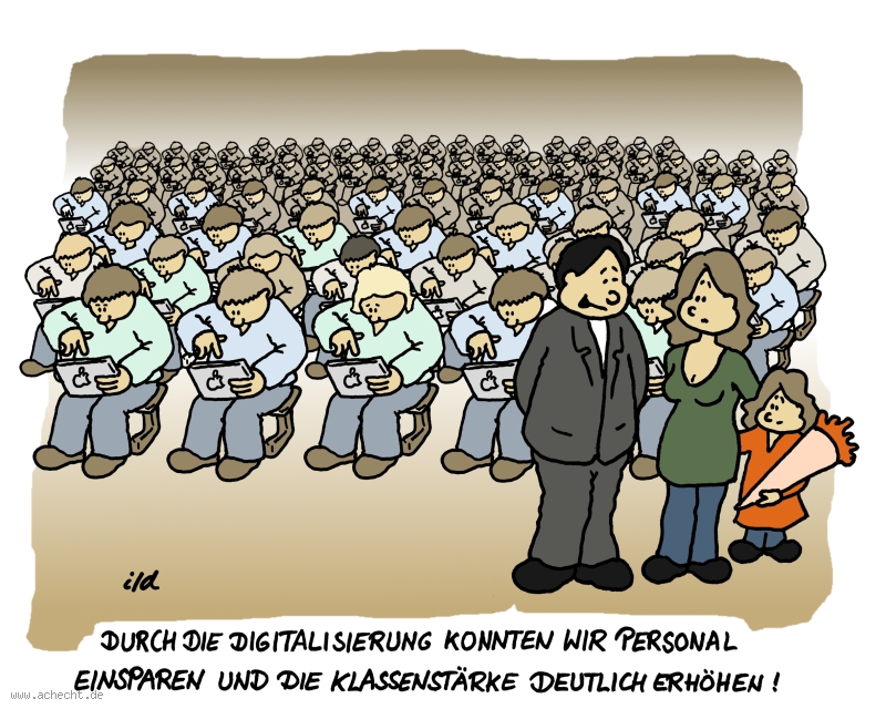 Cartoon: Klassenstärke erhöht: Schule, Klasse, Klassenstärke, Optimierung, Schüler, Digitalisierung, Tablet, Computer, Einsparung, Kosten, Einschulung, Lernen, Personal, Lehrer, Kind