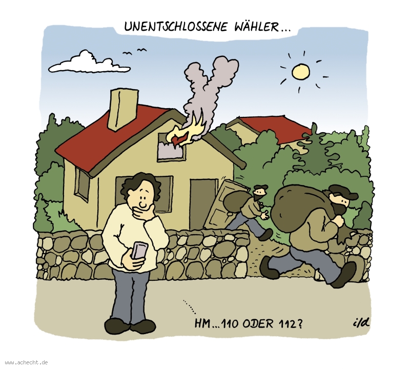 Cartoon: Unentschlossene Wähler: Wahl, Wähler, Feuerwehr, Einbruch, Diebstahl, Räuber, Polizei, Wahltag, Wahlergebnis, Haus, Wohnung