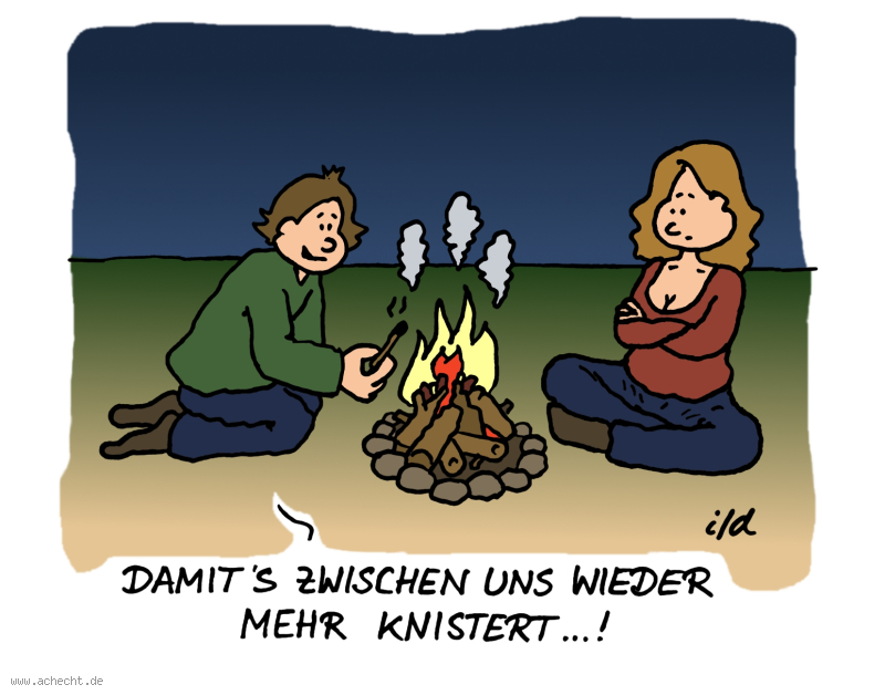 Cartoon: Damit's wieder mehr knistert: Sarkasmus, knistern, Liebe, verliebt, Beziehung, Paar, Ehe, Beratung, Therapie, Psychologie, Feuer, entflammen, födern, Skepsis, auffrischen, leben