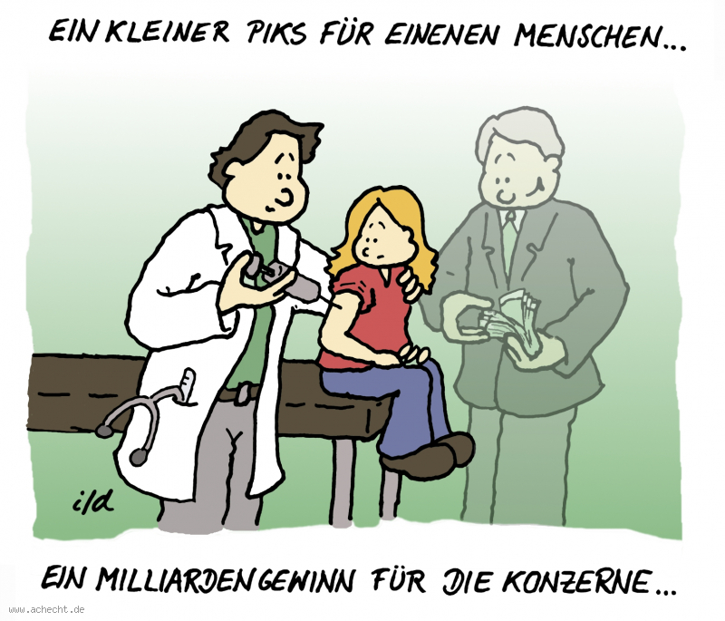 Cartoon: Impfung - Ein kleiner Piks für einen Menschen: Impfen, Impfung, Masern, Impfpflicht, Medizin, Arzt, Gesundheit, Corona, Pfizer, Binotech, Pharmazie, Konzern, Wirtschaft