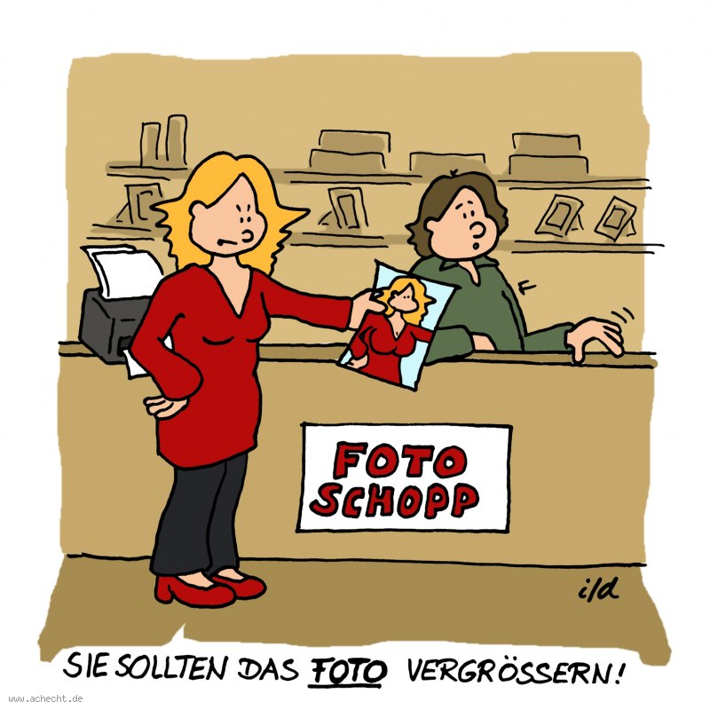 Cartoon: Foto vergrößern: Foto, vergrößern, Brustvergrößerung, Brust, Brüste, Fotografie, Medizin, Missverständnis, Bildbearbeitung, Computer, Mann, Frau, Liebe, Busen, Schönheit