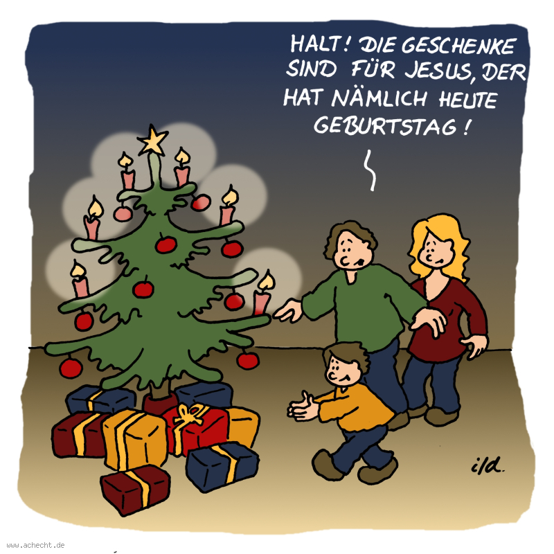 Cartoon: Geschenke für Jesus: Geschenk, Religion, Christentum, Glaube, Weihnachten, Jesus, Geburtstag, Weihnachtsbaum, warten, Missverständnis, Kind, Familie, Fest, feiern, Bedeutung, ursprünglich