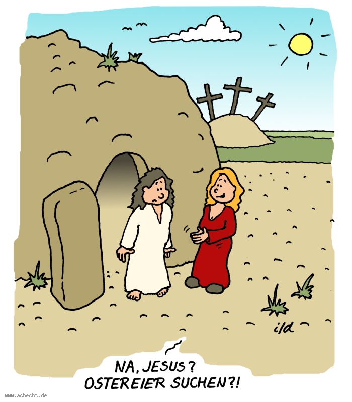 Cartoon: Jesus Ostereier: Religion, Christentum, Osterei, Ostern, Ei, Glaube, Jesus, Auferstehung, Interpretation, Spiritualität, Fest, feiern, Suche, suchen