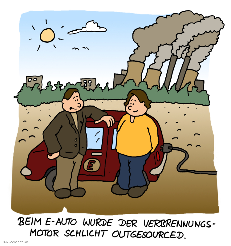 Cartoon: Verbrennungsmotor outgesourced: Auto, Motor, Outgesourcing, Verbrenner, Verbrennung, Klima, Natur, Schutz, Umwelt, Abgas, E-Auto, Elektronik, Elektro, Kraftwerk, Energie, Wende, Veränderung, Sinn, Geschäft