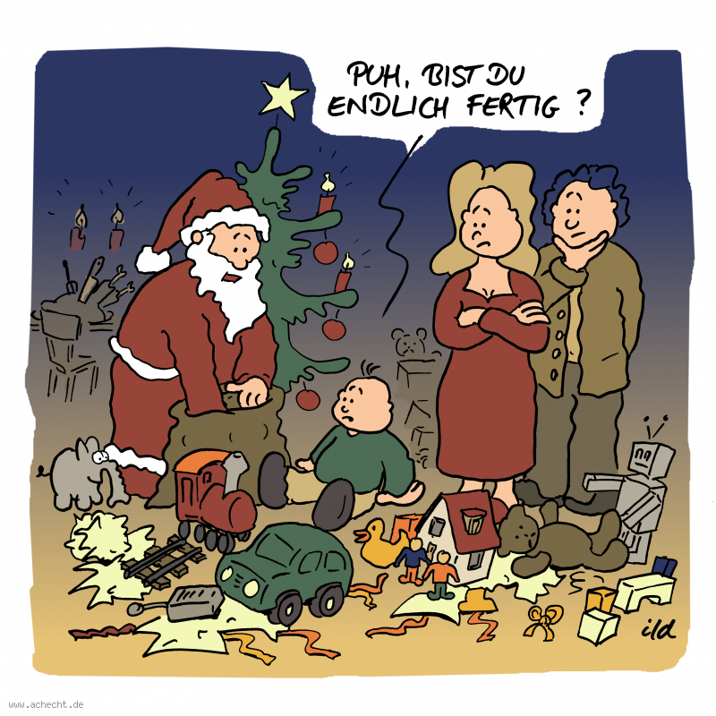 Cartoon: Bist du endlich fertig (2020): Eltern, Familie, Geschenk, Kind, Schenken, Überfluss, Überforderung, Weihnachten, Weihnachtsmann