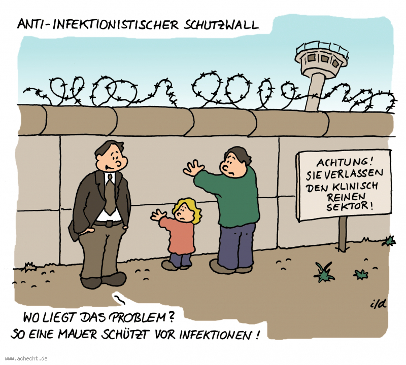 Cartoon: Anti-Infektionistischer Schutzwall: Corona, Infektionszahlen, Medizin, Gesundheit, Infektionsgeschehen, Infektion, Covid-19, Mauer, Impfung, Schutzwall, Infektionsschutz, Sicherheit, Politik