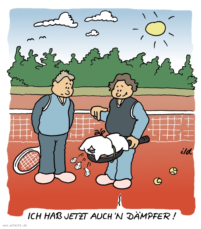 Cartoon: Dämpfer: Tennis, Sport, Spiel, Tennisarm, Gesundheit, Dämpfer, Tennisschläger