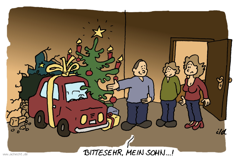 Cartoon: Dein neues Auto: Fahrzeug, fahren, Auto, Winter, Weihnachten, Weihnachtsbau, Heiligabend, Geschenk, Bescherung, Kind, Eltern, Familie, Wand, Durchbruch, Sohn, Vater