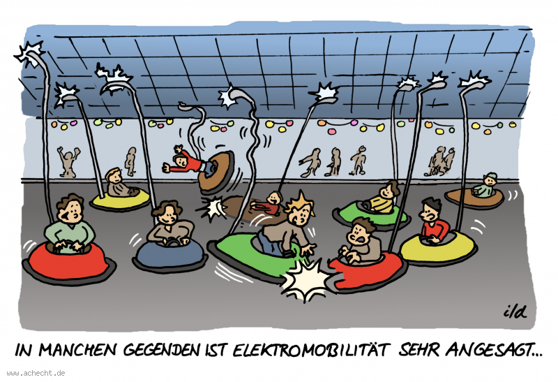 Cartoon: Elektromobilität: Mobilität, Elektromobilität, Elektro, Auto, Verkehr, Rummel, Autoscooter, Strom, Jahrmarkt, Nachhaltigkeit, Zukunft, Benzin, Energie, Future