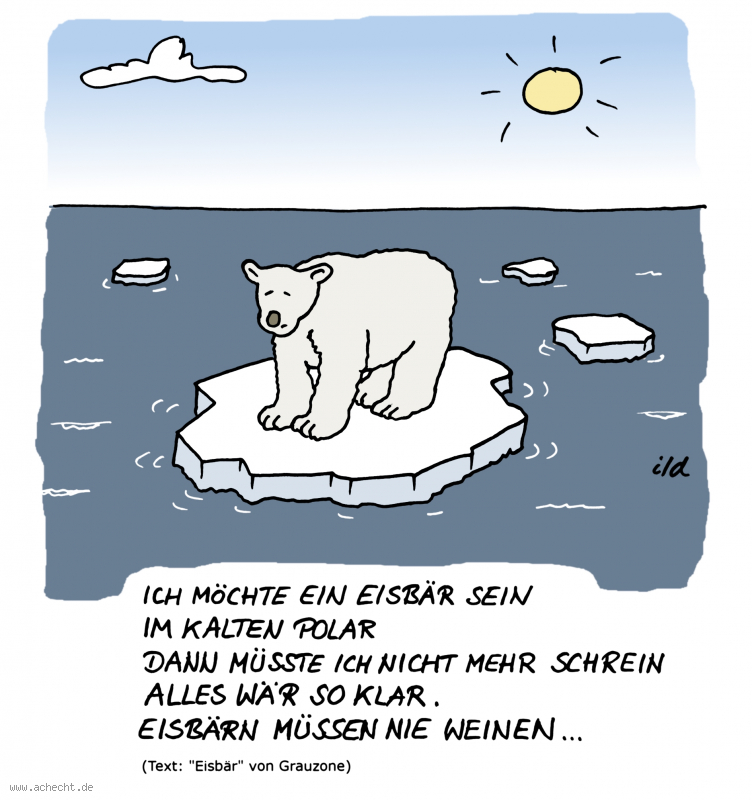 Cartoon: Eisbär sein: Nachhaltigkeit, Zukunft, Polkappen, Eisbär, schmelzen, Eis, Winter, Kälte, Wärme, Erwärmung, Artensterben, Umwelt, Schnee, Future, Mobilität, Energie