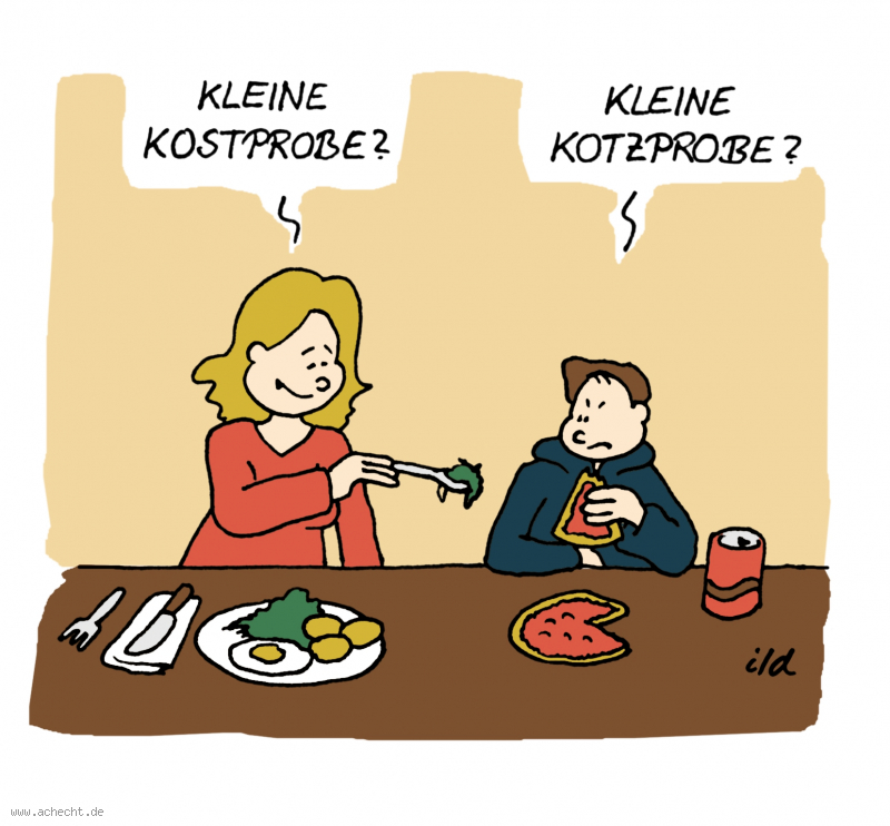 Cartoon: Kostprobe: Mutter, Kind, Essen, Pizza, Gesundheit, probieren, Probe, Ernährung, Jugend, Rebellion, Pubertät, Fürsorge