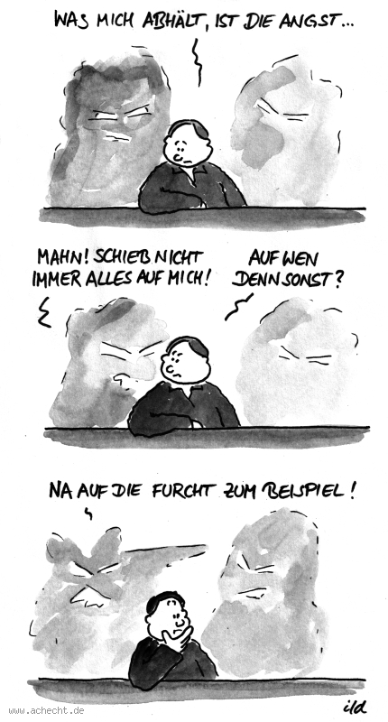 Cartoon: Angst - Furcht: Angst, Furcht, Angststörung, Psychologie, Therapie, Psychotherapie, Panik, Angstzustände, Behandlung, Gesundheit, Medizin, Überwindung