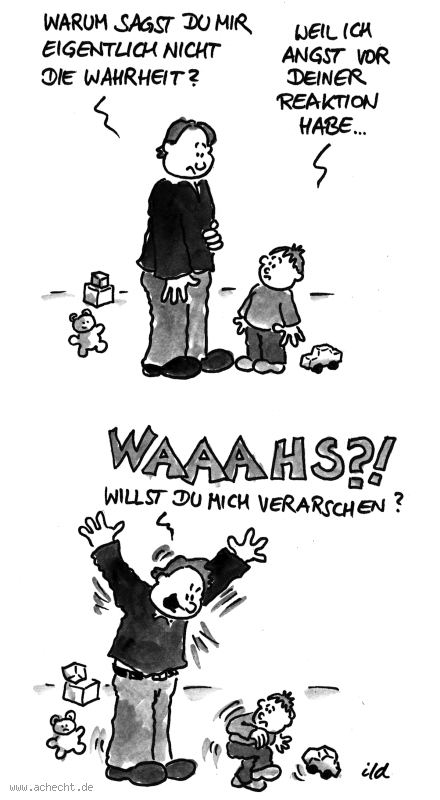 Cartoon: Angst vor deiner Reaktion: Angst, Wut, Ausbruch, Ärger, Reaktion, Kind, Vater, Mutter, Eltern, Kindheit, Psychologie, Schmerz, Verletzung, Grenzüberschreitung, Gewalt, Erfahrung, Therapie