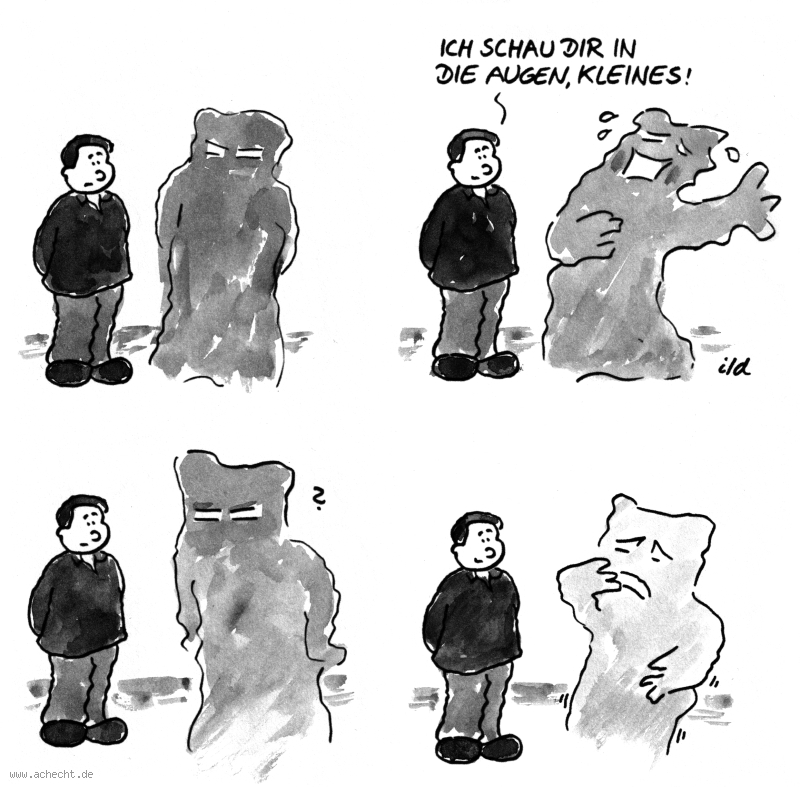 Cartoon: Angst - Ich schau dir in die Augen: Gefühl, Emotionen, Angst, Psychologie, Therapie, Augen, anschauen, Wahrnehmung, Selbstreflexion, Akzeptanz, loslassen, Humphrey, Bogart, Casablanca, Bergmann, Ingrid