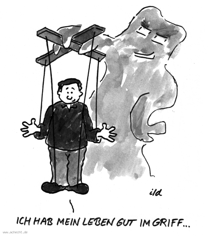 Cartoon: Angst - Leben im Griff: Gefühl, Emotionen, Angst, Psychologie, Therapie, Leben, Griff, Vermeidung, Unterdrückung, Verdrängung, Wahrnehmung, Stärke, zeigen, Marionette, Spielzeug, Selbsttäuschung, Täuschung, Glaube