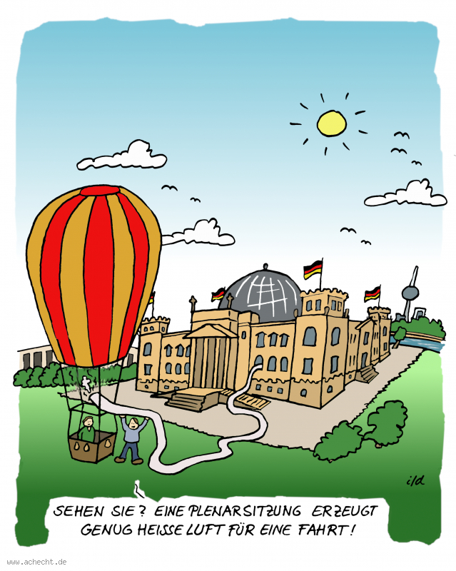 Cartoon: Eine Plenarsitzung reicht: Politik, Energie, Heißluftballon, Ballon, heiße Luft, Bundestag, Abgeordnete, Politiker, Zukunft, Energiewende, Nachhaltigkeit, Strom, Future