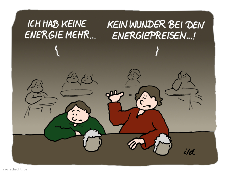 Cartoon: Keine Energie mehr: Energie, Zukunft, Nachhaltigkeit, Beziehung, Depression, Gastronomie, Restaurant, Energiepreise, Energiewende, Strom, Psychologie, Wut, Angst, Erschöpfung, Fatigue, Gesundheit, Medizin, Syndrom, Störung
