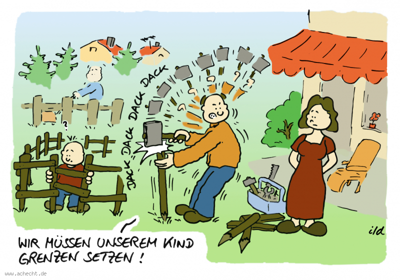 Cartoon: Grenzen Setzen (2022): Eltern, Erziehung, Garten, Grenze, Kind, Setzen, Zaun