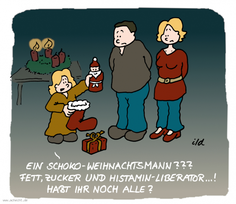 Cartoon: Schoko-Weihnachtsmann: Weihnachten, Weihnachtsmann, Religion, Schokolade, Ernährung, Kind, Eltern, Erziehung, Fett, Zucker, Histamin, Allergie, Geschenk, Unverträglichkeit, Nahrungsmittel