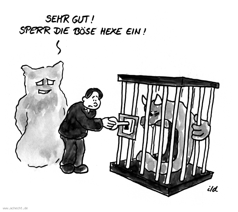 Cartoon: Angst - Sperr die Hexe ein: Angst, Gefühl, Emotionen, Psychologie, Hexe, Gefängnis, Unterdrückung, Wut, Ärger, wegdrücken, einsperren, Leben, Lebendigkeit, Wahrnehmung