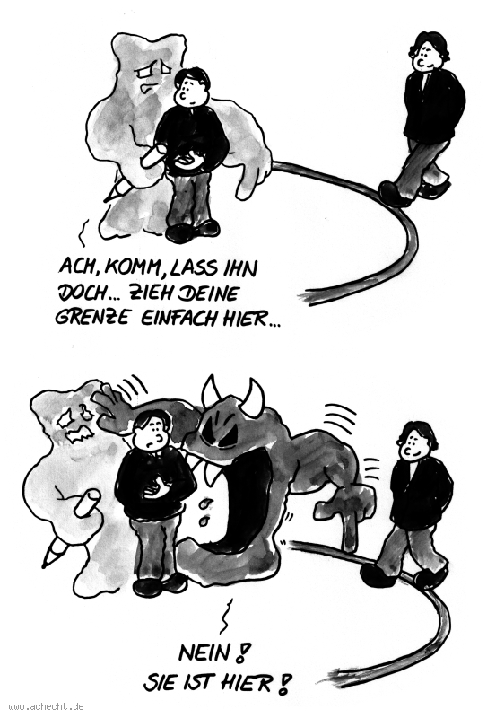 Cartoon: Nein, sie ist hier: Angst, Wut, Brutzo, Grenze, Grenzen setzen, Zurückhaltung, Grenzüberschreitung, Verletzung