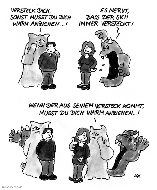 Cartoon: Versteck dich: Angst, Wut, verstecken, Mann, Frau, Beziehung, Frust, Brutzo